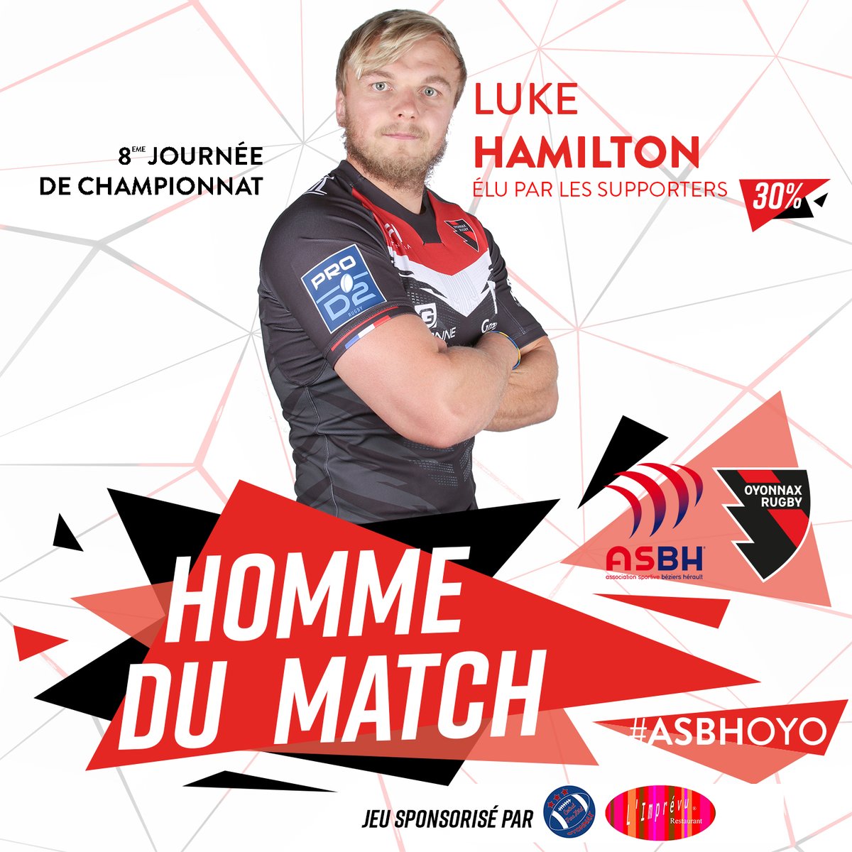 OyonnaxRugby's tweet photo. 🏅[HOMME DU MATCH] 🏉  

👏🏻BRAVO à 💪Luke HAMILTON élu homme du match lors de la rencontre face à Béziers 

📲 Vous souhaitez voter au prochain match ?
Téléchargez l'appli OYONNAX RUGBY 

#FIERSDOYO #TEAMOYO #asbhoyo https://t.co/Kxm1l0eE19