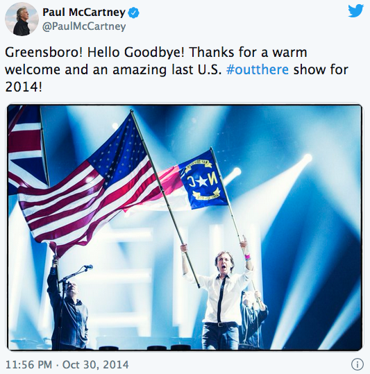 gsocomplex's tweet photo. On this day in Coliseum history, Sir @PaulMcCartney   took the stage here in Greensboro with a sold-out crowd! What a wonderful night! #OutThereTour 🇬🇧🇬🇧🇬🇧 https://t.co/xWutHJIYdt