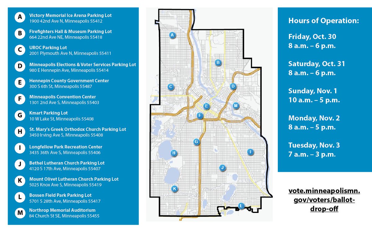 Minneapolis Elections & Voter Services (@votempls) on Twitter photo In light of yesterday's court ruling, we've extended our Minneapolis ballot drop-off location hours!
Fri., Oct. 30 - 8 a – 6 p
Sat., Oct. 31 - 8 a – 6 p
Sun., Nov. 1 - 10 a – 5 p
Mon., Nov. 2 - 8 a – 5 p
Tues., Nov. 3 - 7 a – 3 p
Check <a href="/HC_Elections/">Hennepin County Elections</a> for County drop-off hours. In light of yesterday's court ruling, we've extended our Minneapolis ballot drop-off location hours!
Fri., Oct. 30 - 8 a – 6 p
Sat., Oct. 31 - 8 a – 6 p
Sun., Nov. 1 - 10 a – 5 p
Mon., Nov. 2 - 8 a – 5 p
Tues., Nov. 3 - 7 a – 3 p
Check <a href="/HC_Elections/">Hennepin County Elections</a> for County drop-off hours.