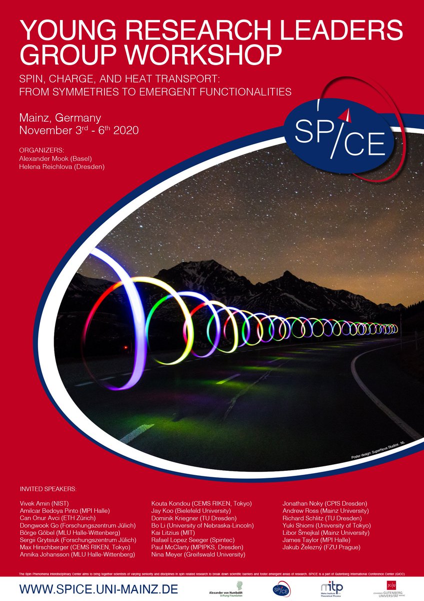spintronicsHGW's tweet image. #YoungResearcher Workshop @SPICE_Mainz. Next week: Tuesday and Wedensday on #Spin, #Charge, and #Heat Transport: From #Symmetries to #EmergentFunctionalities. Organized by Alexander Mook and Helena Reichlova spice.uni-mainz.de/yrlgw-2020-pro… #SpinHall #Skyrmions #Antiferromagnet