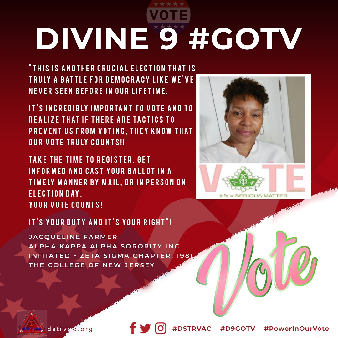 dstrvac's tweet photo. 4 days until November 3rd Election
"It's your duty and it's your right"!
#Divine9Unity #D9GOTV #PowerInOurVoice ๐ณ
#WeVoteD9
@dstinc1913 @easternregdst @ltgovoliver @nphcbc
@akasorority1908 @NJ_ISJ https://t.co/ATdR9H9DSr