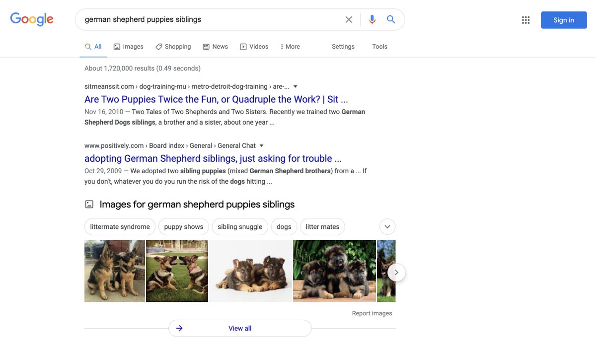 The admin account had posted a photo of puppies, claiming they belonged to her. She even gave them names and ages.The images came from Pinterest, and a Google image search for "german shepherd puppies siblings" shows the same picture as the first result.  https://www.snopes.com/news/2020/10/26/pennsylvania-trump-facebook-group/?utm_source=thread&utm_medium=social&utm_campaign=ggthread