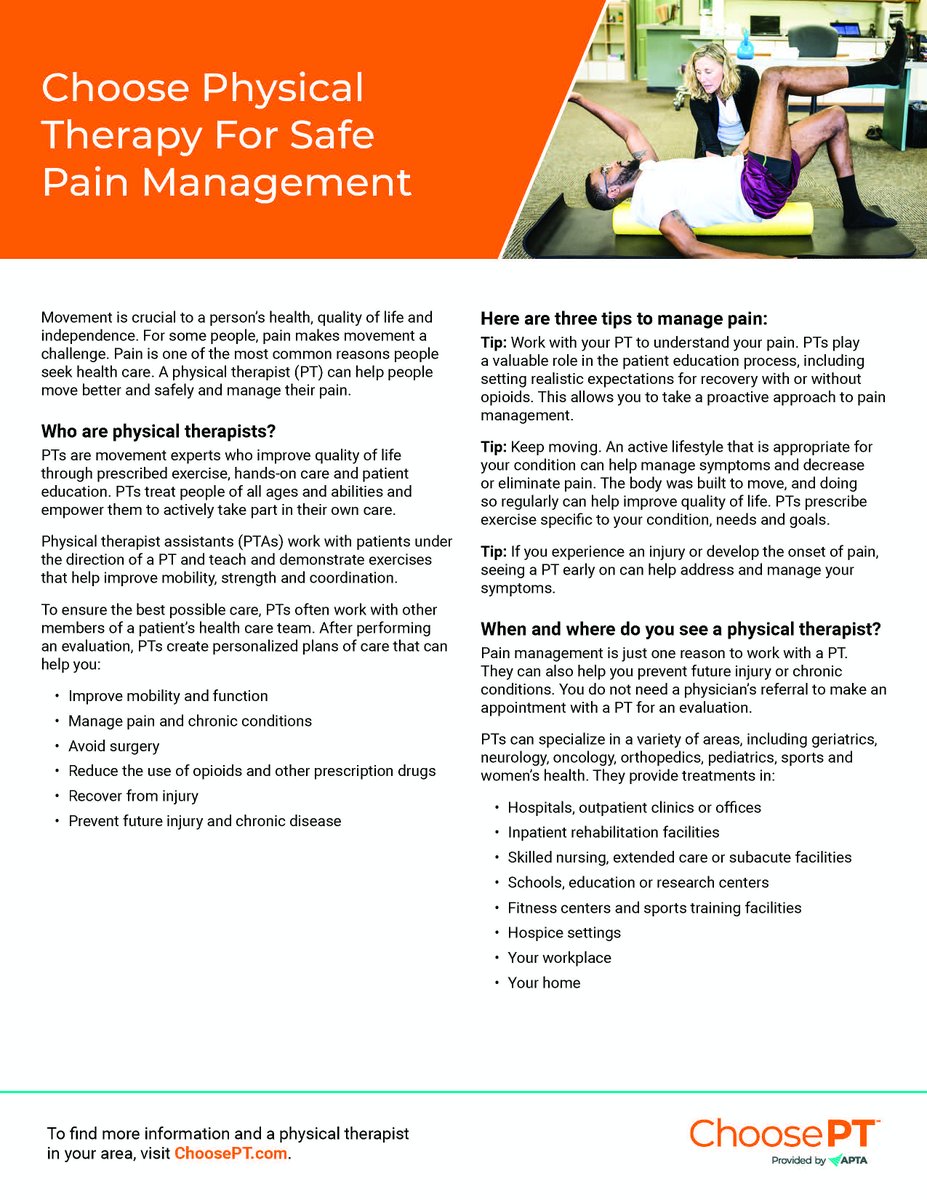 Movement is crucial to a person's health, quality of life, and independence. The American Physical Therapy Association (APTA) encourages us to "Choose Physical Therapy For Safe Pain Management". #ChoosePT @APTAtweets