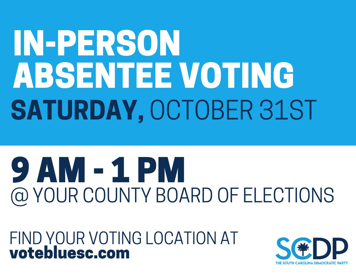 SCDPVoPro's tweet photo. Haven’t voted yet? No problem! Make a plan to vote this Saturday. In the thread below are Saturday polling locations. ⬇️

#SCVotes #SCVoPro #saturdayvotes https://t.co/SawvqSYBDF