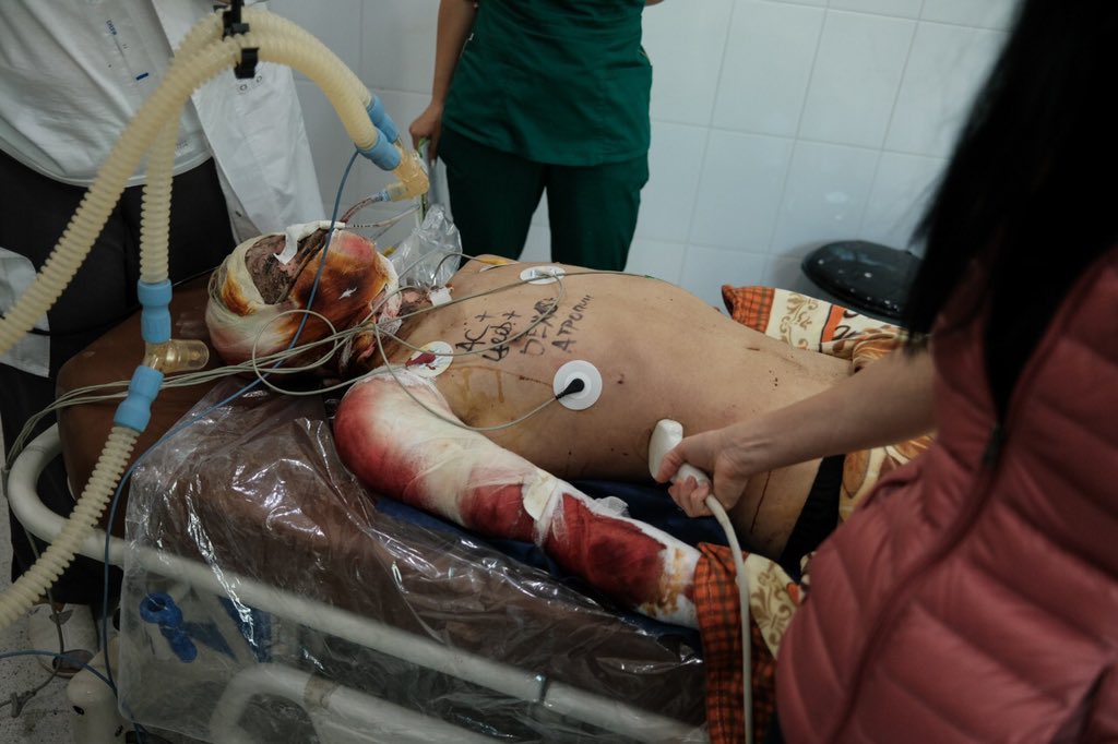 naghdalyan's tweet photo. The consequences of the deliberate targeting of civilian population &amp; infrastructure of #Artsakh by the armed forces of #Azerbaijan, including the hospitals &amp; other healthcare infrastructures in the capital #Stepanakert.
(Medics working under bombing) https://t.co/L2BhabZwNO