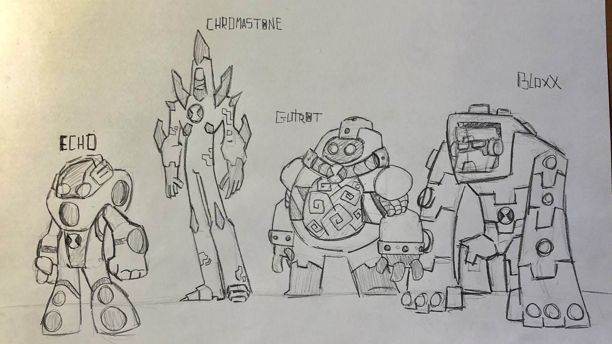 RhysmaToons on X: "#ben10 #echoecho #chromastone #gutrot #bloxx redesigns  in as close as I could get to the reboot style without references as a  challenge. Bloxx and echo are based on concept