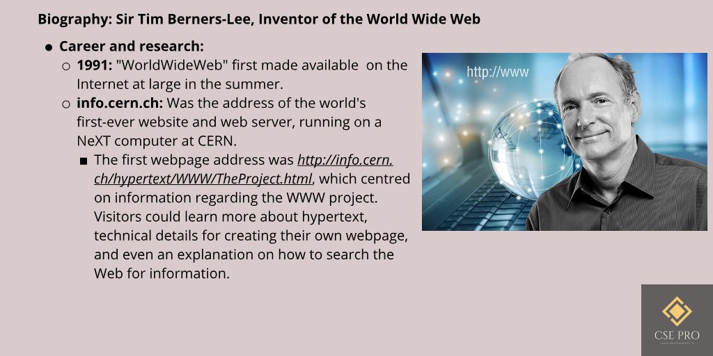 cse_pro's tweet photo. Here you are, the biography of Sir Tim Berners-Lee, The Inventor of the World Wide Web, and one of the Turing Award winners! (Part 2) 
@timberners_lee 
 
#WorldWideWeb
#WWW 
#TimBernersLee 
#InventorOfTheWorldWideWeb
#Biography 
#CSE_PRO https://t.co/Z1NlqrLYKu