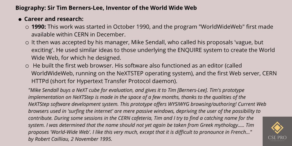 cse_pro's tweet photo. Here you are, the biography of Sir Tim Berners-Lee, The Inventor of the World Wide Web, and one of the Turing Award winners! (Part 2) 
@timberners_lee 
 
#WorldWideWeb
#WWW 
#TimBernersLee 
#InventorOfTheWorldWideWeb
#Biography 
#CSE_PRO https://t.co/Z1NlqrLYKu