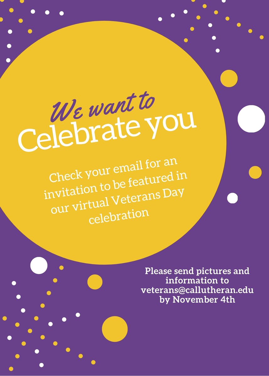 clu_veterans's tweet photo. We would love to acknowledge and celebrate as many people in our community as possible. The email was titled Veterans Shout Out. For more info email us at veterans@callutheran.edu. https://t.co/vOmCJUkEDB