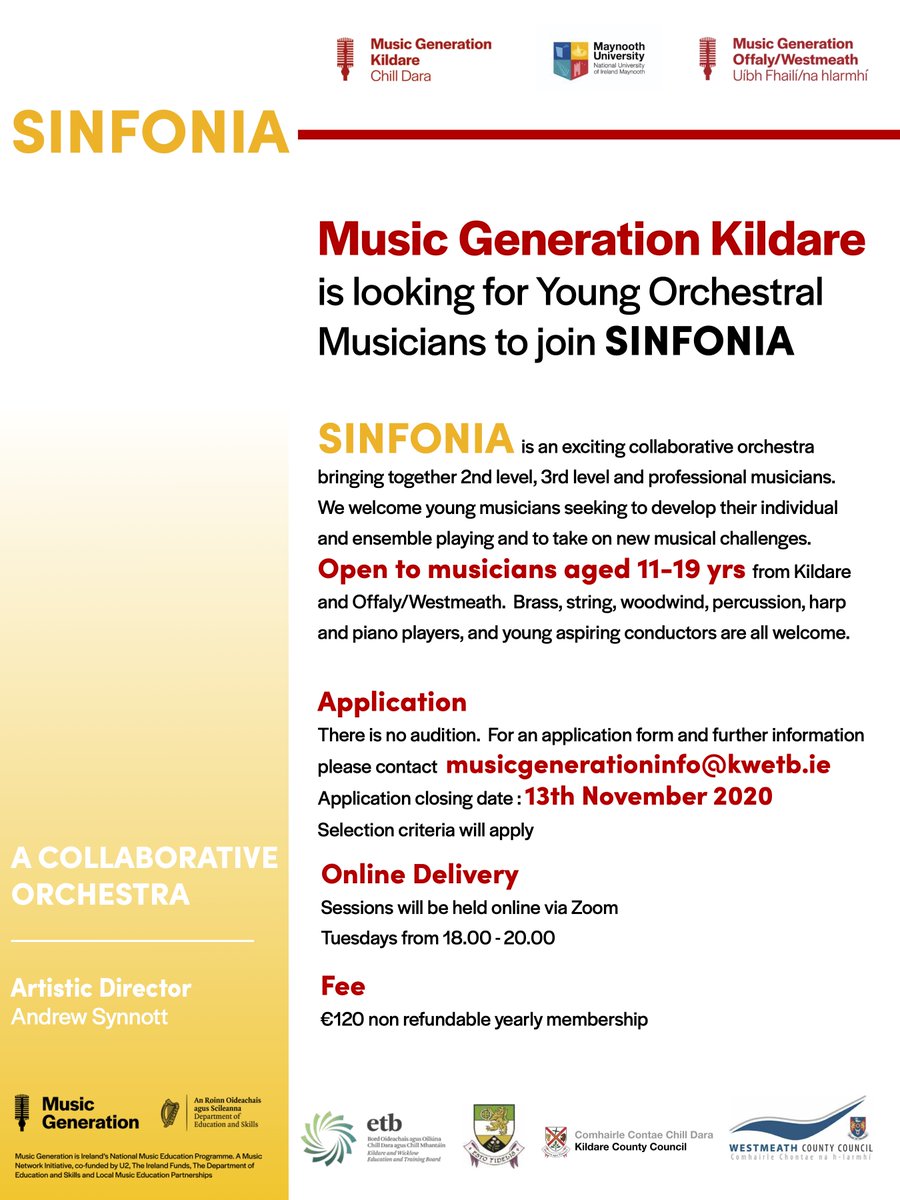 MusicGenKildare's tweet photo. Deadline extended! 🤩 Calling young musicians from across Kildare to join SINFONIA, an exciting collaborative orchestra in partnership with @musicgenOW and @MusicMaynooth! For info and application form, see poster 🎼 @KWETB @ArtsInCoKildare #musicgenerationkildare @musicgen https://t.co/tXFROmKXal