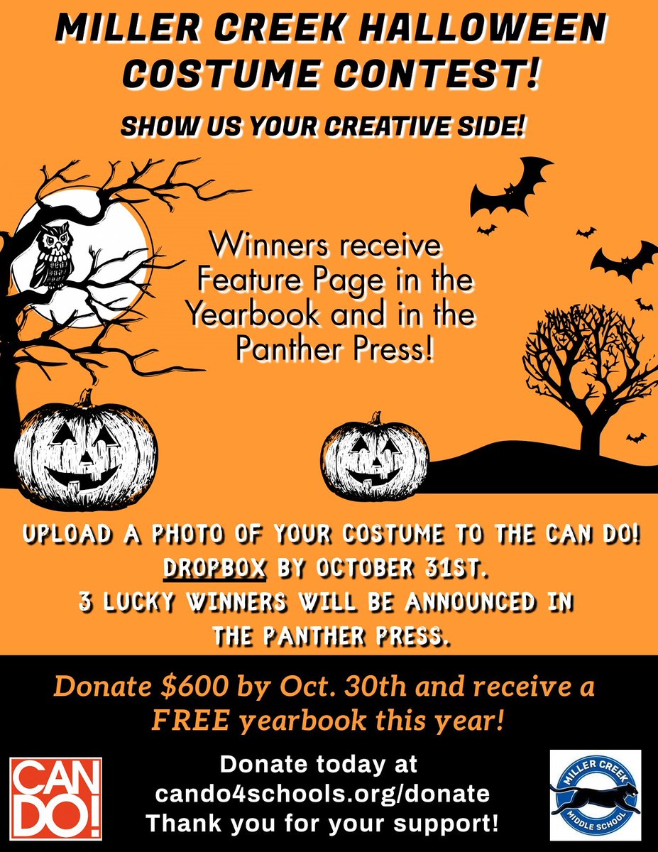 Hello Panthers! Don't forget to upload your pictures for the Miller Creek Halloween Costume Contest sponsored by Can Do! Ed Foundation!🐾👻🎃😁 dropbox.com/request/nwx8Rl…