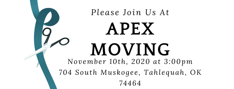 TahlequahACC's tweet image. Join us at the ribbon cutting of Apex Moving, LLC on November 10th at 3pm to celebrate the newest member of the Tahlequah Area Chamber of Commerce! #ribboncutting #moving