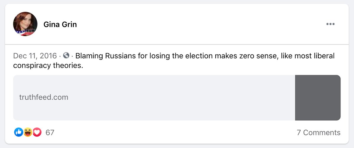 Leading up to Election Day 2016, posts by the likely Russian admin in "Pennsylvania for Trump" concentrated on Pennsylvania politics as well as defending Russia from accusations of interfering in the 2016 election, which continued after Nov. 8.  https://www.snopes.com/news/2020/10/26/pennsylvania-trump-facebook-group/?utm_source=thread&utm_medium=social&utm_campaign=ggthread