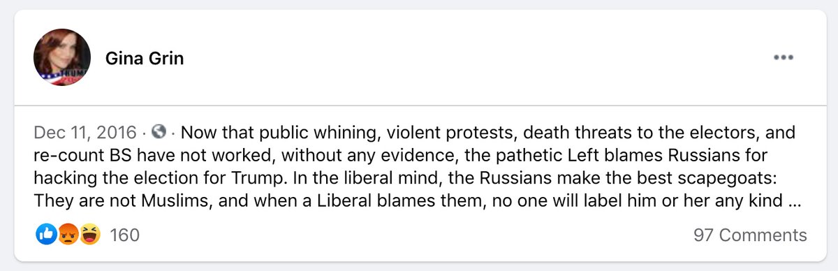 Leading up to Election Day 2016, posts by the likely Russian admin in "Pennsylvania for Trump" concentrated on Pennsylvania politics as well as defending Russia from accusations of interfering in the 2016 election, which continued after Nov. 8.  https://www.snopes.com/news/2020/10/26/pennsylvania-trump-facebook-group/?utm_source=thread&utm_medium=social&utm_campaign=ggthread