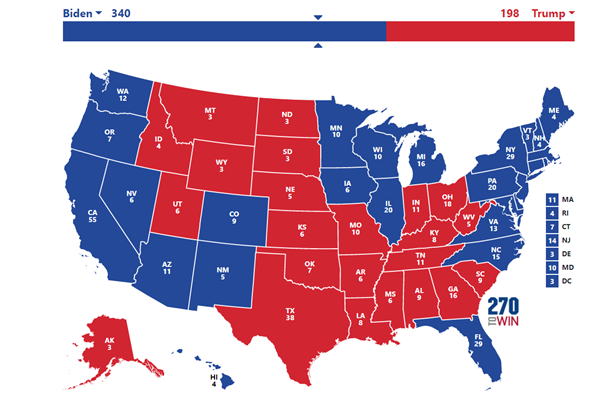 4/ Scénario #3 : Large victoire de BidenDans ce scénario, Trump emporte le Texas, la Géorgie et l’Ohio mais reste très largement distancé car Biden l’emporte en AZ, FL, IA, NC, PA, MIVictoire confortable de Biden avec 340 grands électeurs