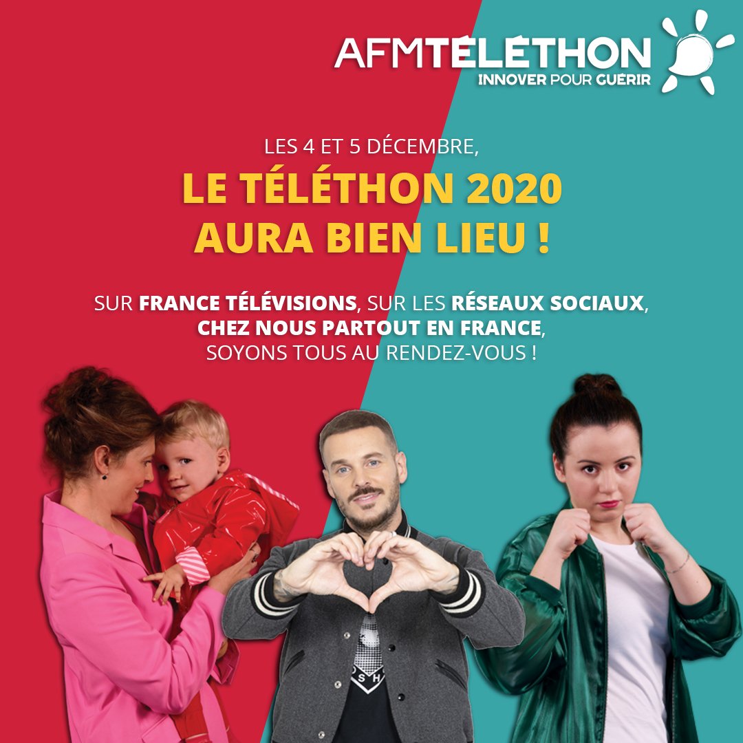 📣Les 4 &amp; 5 décembre, le #Téléthon2020 aura bien lieu !

💪sur <a href="/Francetele/">France Télévisions</a> @France2tv @France3tv 
💪sur les réseaux sociaux
💪chez nous partout en France
💪avec notre parrain <a href="/MPokora/">Matt Pokora</a>  

Comment agir ? On vous dit tout 👉 bit.ly/agirpourletele…

Soyons tous au rendez-vous 💛