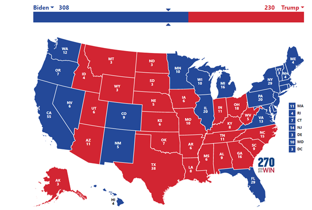 5/ Scénario #4 : Victoire nette de BidenTrump emporte finalement l’Arizona, la Caroline du Nord et l’Iowa, en plus du Texas, de la Géorgie et l’Ohio. Mais Biden gagne la Floride, la Pennsylvanie et le Michigan.Plus de 300 grands électeurs pour Biden