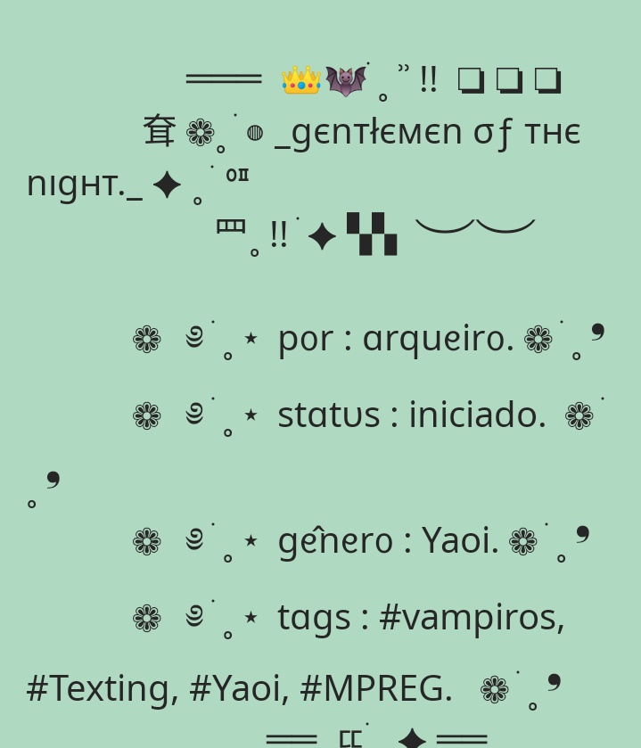 cherrylxz1's tweet photo. Rpg texting whatsapp only asian com muitas vagas, abaixo deixarei prints do que se trata mais ou menos o rpg, caso se interesse ou tenha alguma dúvida por favor chamar na dm
#rpgs #rpgtexting #allasian #Vampire #yaoi #mpreg #whatsappgroup https://t.co/iJrnK0j3ms
