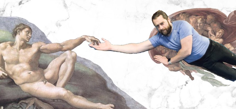 RuschAudrey's tweet photo. I can’t draw but you asked @RikRankin and I can edit . I dunno why the pic made me think of this 😂 original photo credit @DarranLightbody . Seems like you guys have great fun 😍 #rikrankin #sistinechapel #funphotoedit #FanArtFriday https://t.co/0LAlqBQllY