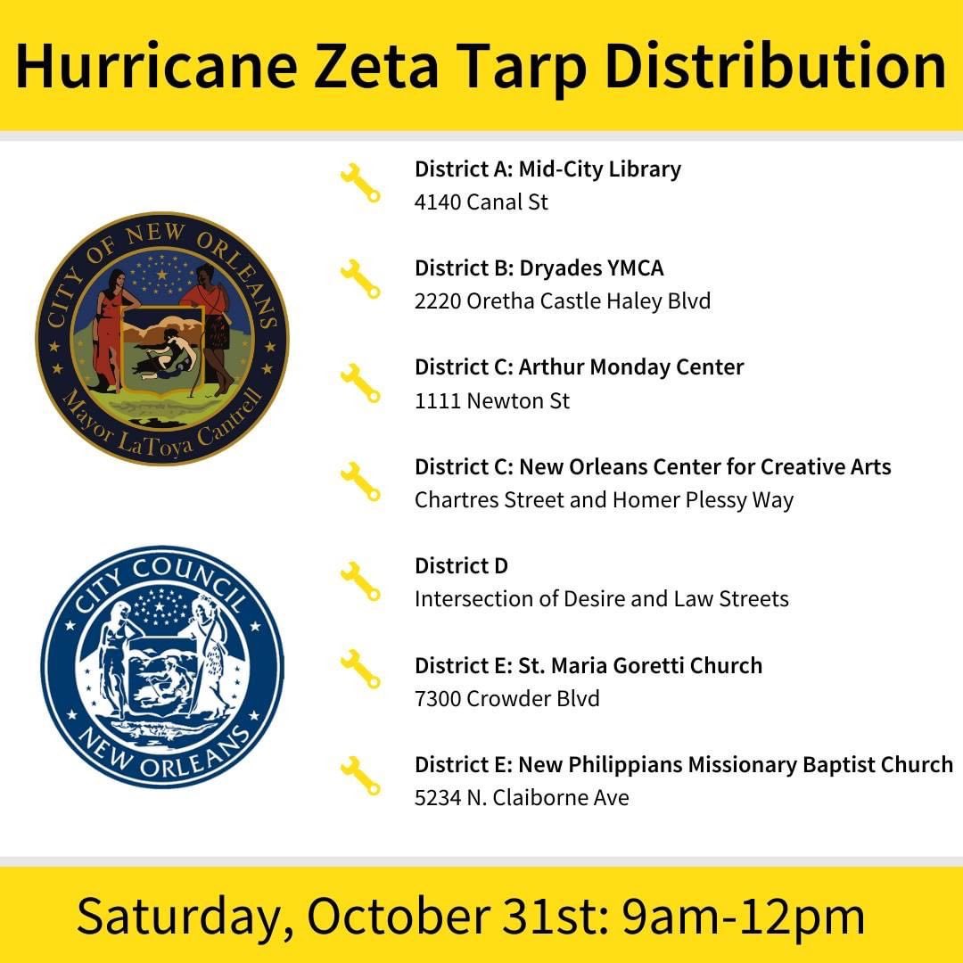 On Saturday  <a href="/CityOfNOLA/">The City Of New Orleans</a> <a href="/NOLACityCouncil/">New Orleans City Council</a>, will distribute 40 by 40 foot tarps for residents and businesses that experienced roof damage due to Hurricane Zeta. 
Tarps available October 31 from 9am-12pm or until supplies run out.

ready.nola.gov/recovery