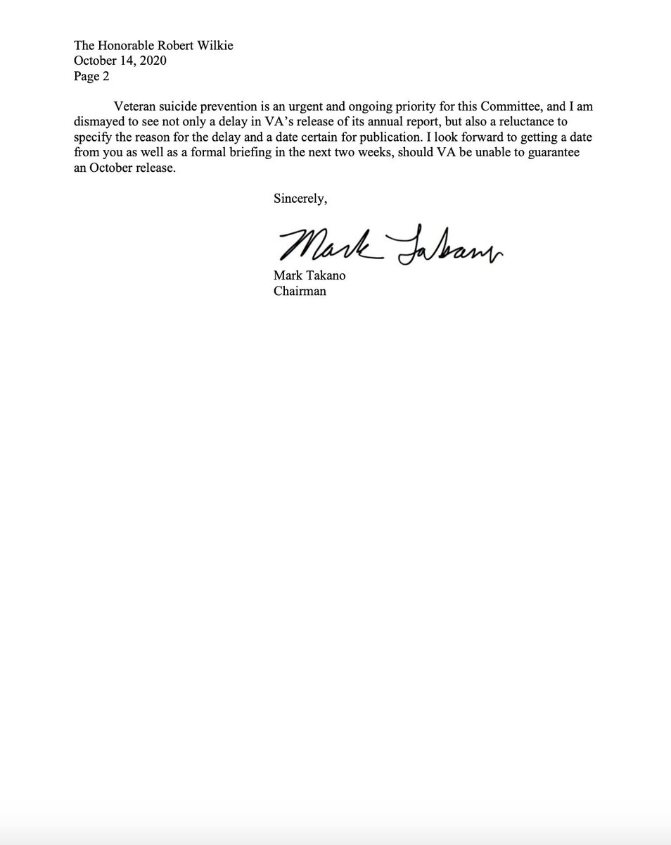 VetAffairsDems's tweet image. Chairman @RepMarkTakano wants to know when @DeptVetAffairs will release its annual suicide report.

If the report is released AFTER November 1, then Chairman Takano wants @SecWilkie to brief the Committee on its findings BEFORE November 1.

It's October 30.

We're still waiting.