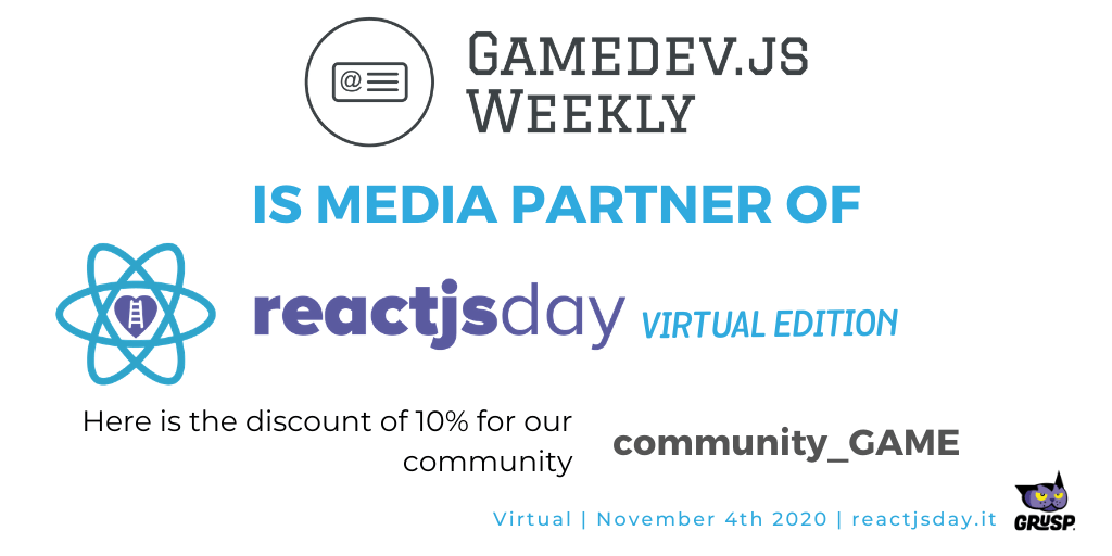 GamedevJSWeekly's tweet photo. Win one ticket to @reactjsday 2020 happening November 4th! https://t.co/UKRyaeuZOc

Reply with a comment which talk are you excited the most and why, we'll select a winner on Sunday Nov 1st, 5 PM CEST! #react #reactjs #reactjsday #reactjsday2020 #conf #giveaway #free #ticket https://t.co/GJuJe7vqY5