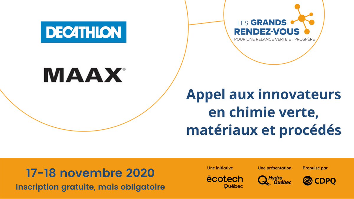 EcotechQuebec's tweet photo. Vous êtes un développeur de technologie propre du secteur de la #chimieverte et des #matériauxinnovants? Venez proposer votre solution aux défis des entreprises MAAX et 
@Decathlon  lors des #GRDV2020! @hydroquebec @LaCDPQ @DevEconCan https://t.co/5ahKATxhLH https://t.co/JhMGgq0C9r