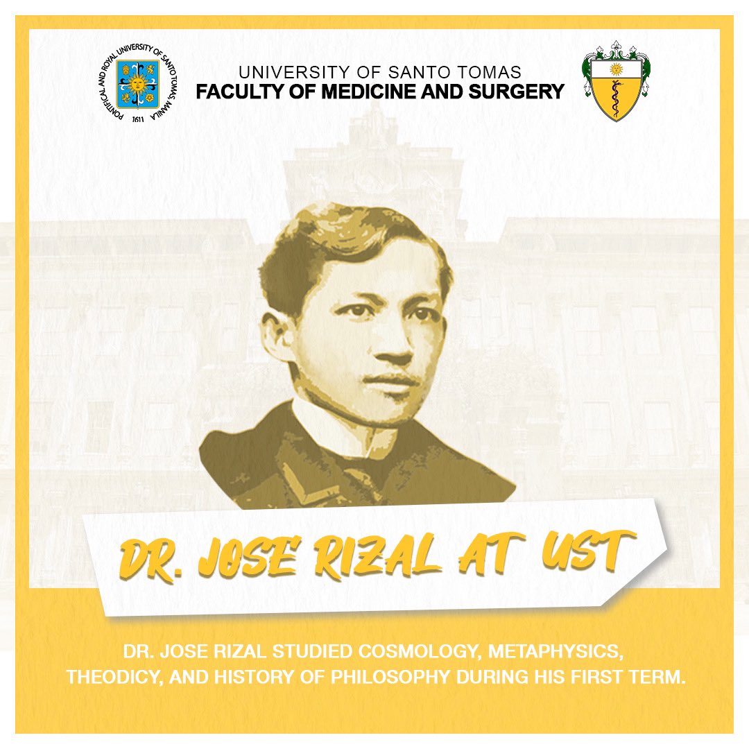 USTFMSofficial's tweet photo. Did you know that in 1877, Jose Rizal (one of the most revered figures in Philippine history) transferred to the University of Santo Tomas to continue his studies? He first entered the university as a student studying cosmology, metaphysics, theodicy, and history of philosophy. https://t.co/OL5K4TsHG2