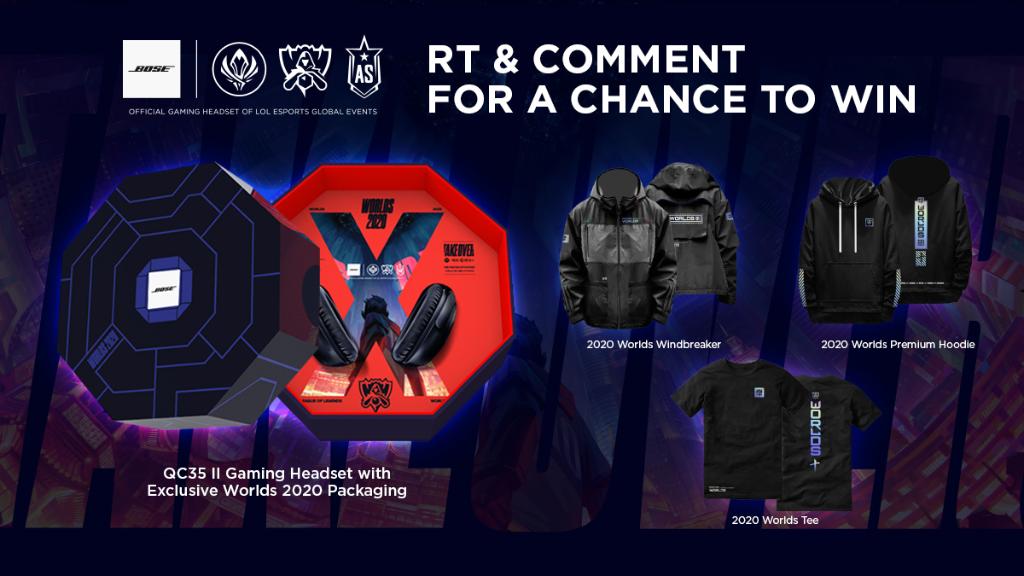 Bose's tweet photo. The stage is set and the @lolesports #Worlds2020 Finals are here! RT &amp; comment which team had the best strategy and comms during Semis for a chance to win a #Worlds2020 prize pack featuring #BoseHeadphones. 

U.S. residents only. Terms and conditions: https://t.co/d3p1a9pTjr https://t.co/Y6u78gkKqe