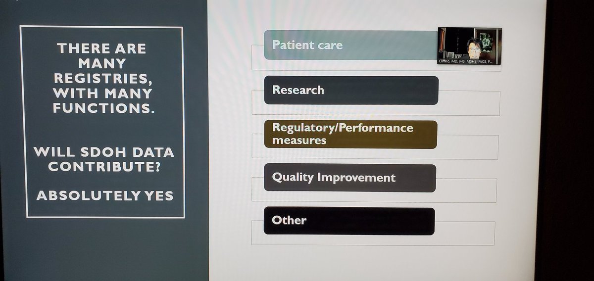 Hassanah2017's tweet photo. @AmCollSurgeons @cliffordkomd #DigitalMed2020 #SDoH and #Registries Individual Patient Care vs Population ? #Parsimony - look at and address #Burden #RealNeedForStandardizations #BigData #ReliabilityofSources 300+ registries / EHR + new avenues for SDoH data #prognosticate https://t.co/78gAZjH1EU