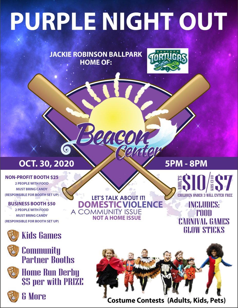 daytonatortugas's tweet photo. Just about set for Purple Night Out with @VolusiaDac. Looking like a gorgeous night! Can't wait to see everyone swing for the fences in their costumes!!! 👻🎃
 
Tickets (which include meal vouchers) will be available at the gate. https://t.co/cFPPY98VJm