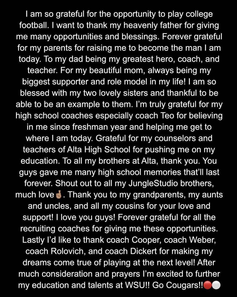 FalateaLawrence's tweet photo. COMMITTED‼️ @WSUCougarFB @altafootball #GoCougs #js🌴 https://t.co/cKrLfT1Oul