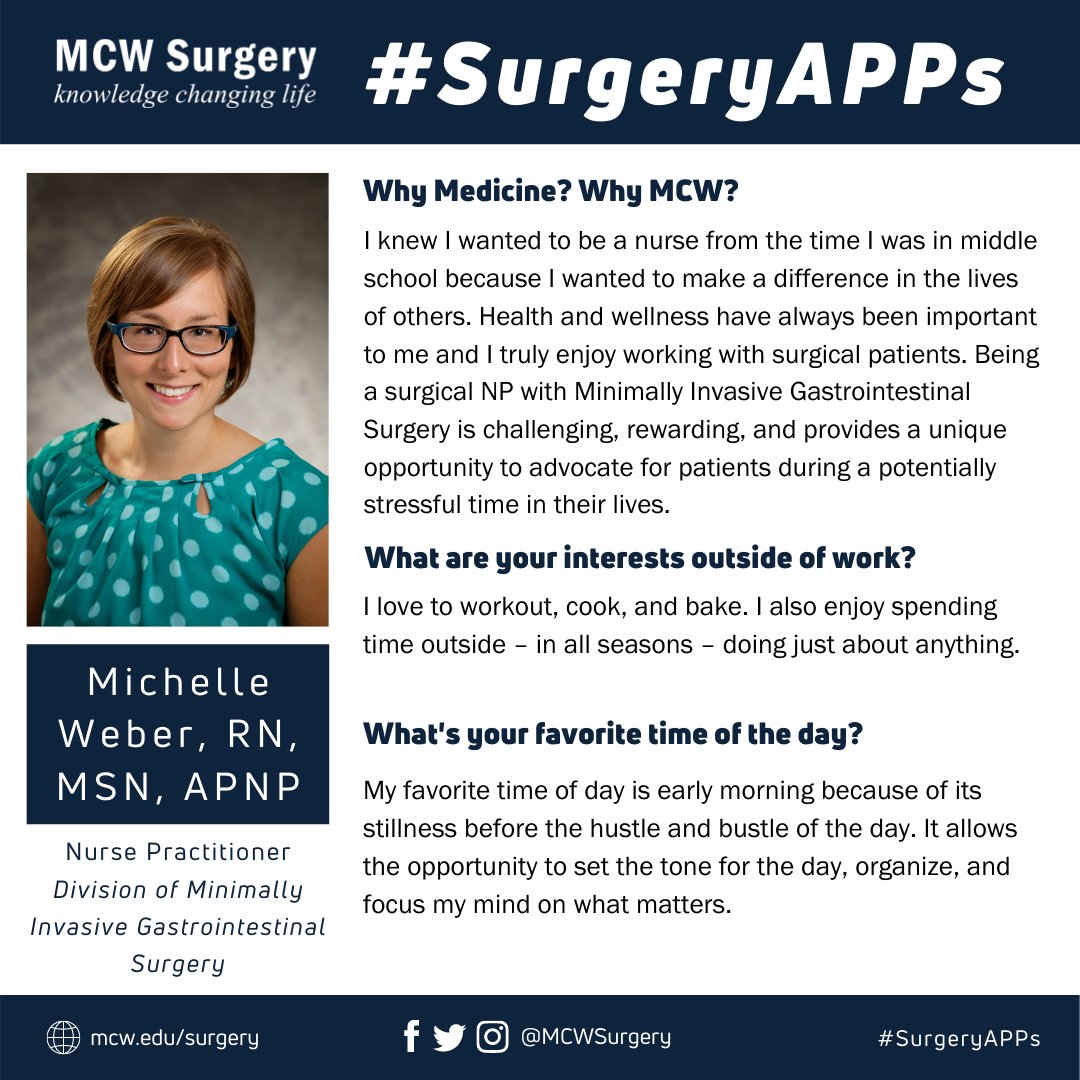 MCWSurgery's tweet photo. We're featuring NP Michelle Weber for #SurgeryAPPs day today! Michelle works in @MCWMIGS and chose medicine because she wanted to make a difference in patient lives. ☺️ #WhyMCWSurgery #LeadingTheWay #WeLoveOurNPs @MedicalCollege @Froedtert https://t.co/hkydY0TwXx