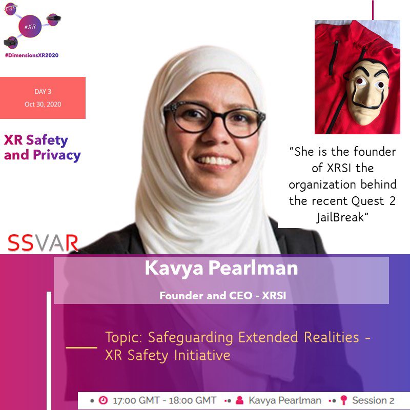 KavyaPearlman's tweet photo. In exact one hour, I’ll make my 1st online public appearance via #DimensionsXR2020 @RealiTvirtuelle since the @ReadyHackerOne ‘s announcement of #Quest2 jailbreak. I’ll talk abt #identity, #privacy #safety & @XRSIdotorg and hv some Halloween fun JOIN ME!!
https://t.co/4CNXqzb55C https://t.co/gfW3FoR2mh