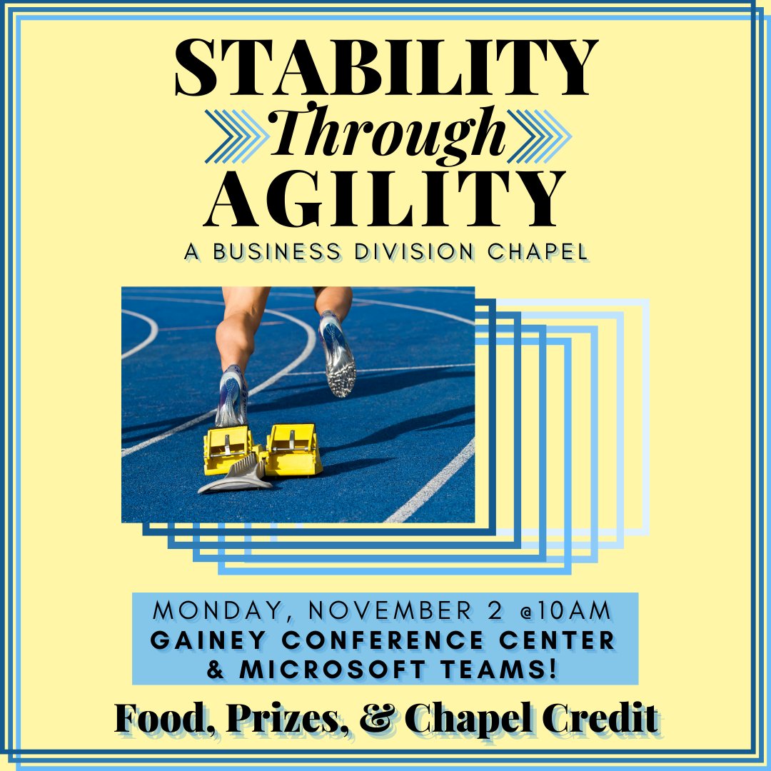 CUBusiness's tweet photo. Are you quick on your feet? 👟 
Our next division chapel this semester focuses on having agility and maneuvering change! Hear from a unique panel of professionals reflecting on their experiences with agility. Join us in person or on Microsoft Teams! https://t.co/k6W7OQTJAW