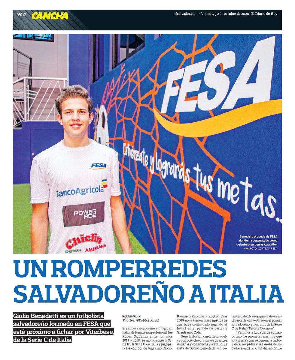FESAELSALVADOR's tweet photo. ¡Giulio Benedetti cumpliendo su sueño en el fútbol Italiano! 🇮🇹😃🙌🏼 #AcademiaFESA 🏃🏻‍♂️⚽️💪🏼 
Reportaje de @EDH_Deportes  ➡️ https://t.co/ZM8cXo1pBE https://t.co/mfkNKaL9lm