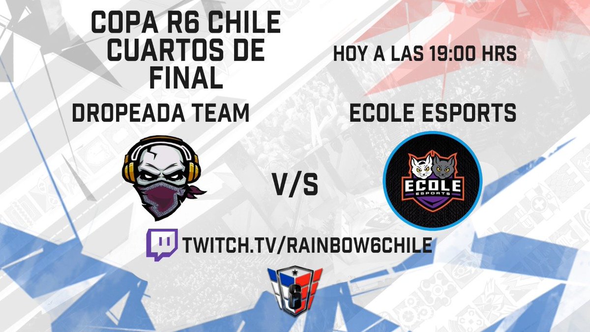 Rainbow6Chile's tweet photo. Hoy a las 19:00 daremos comienzo a la segunda fecha de nuestros Playoff! los esperamos por nuestro canal! https://t.co/b0O7EVDvUy
#dropeadaTeam! vs @EsportsEcoleAR y #KiltrosGaming vs @blackcatshouse 
estarán @TriicK_R6  y @Cinnacup1  acompañándolos esta tarde!
No se lo pierdan! https://t.co/bBkziJGVRa