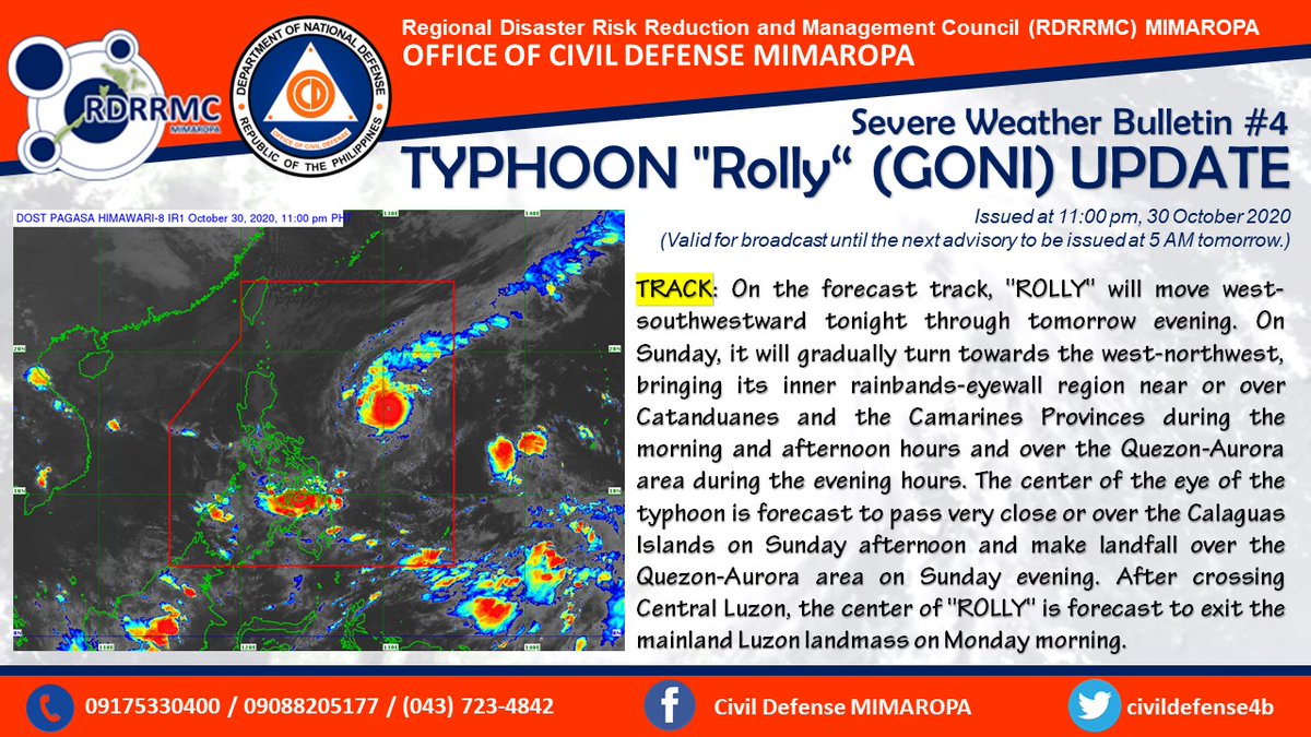 civildefense4b's tweet photo. Severe Weather Bulletin #4
Typhoon "Rolly"

Issued at 11:00 pm, 30 October 2020
(Valid for broadcast until the next advisory to be issued at 5 AM tomorrow.) https://t.co/Ze2bQWAonI