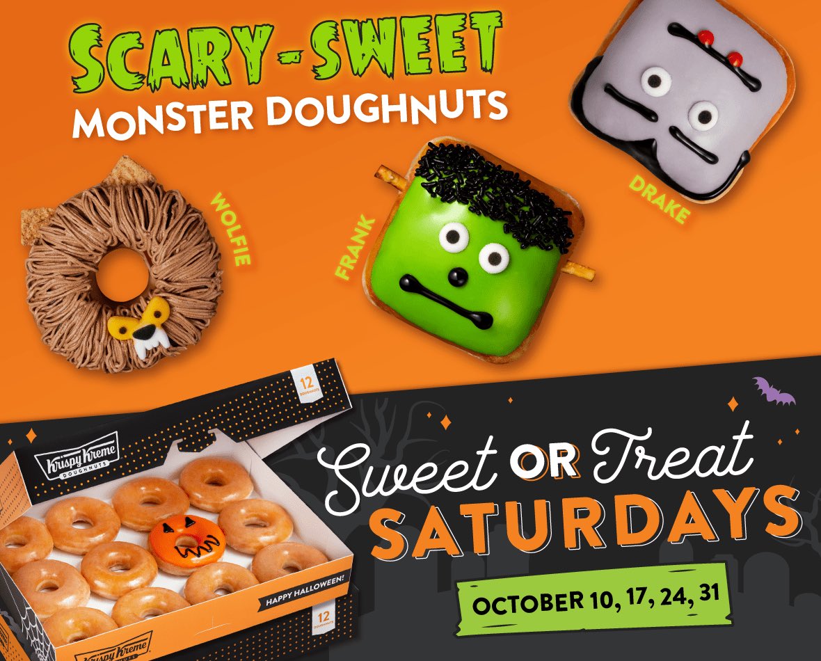 ColeJeffries17's tweet photo. @LaurelAynne Krispy Creme, the king of donuts in my opinion has a cool Halloween promotion. It includes some awesome “scary and sweet donuts,” with some pretty elaborate designs. #ICMKTG #WVU315 https://t.co/33GY8d2LsX