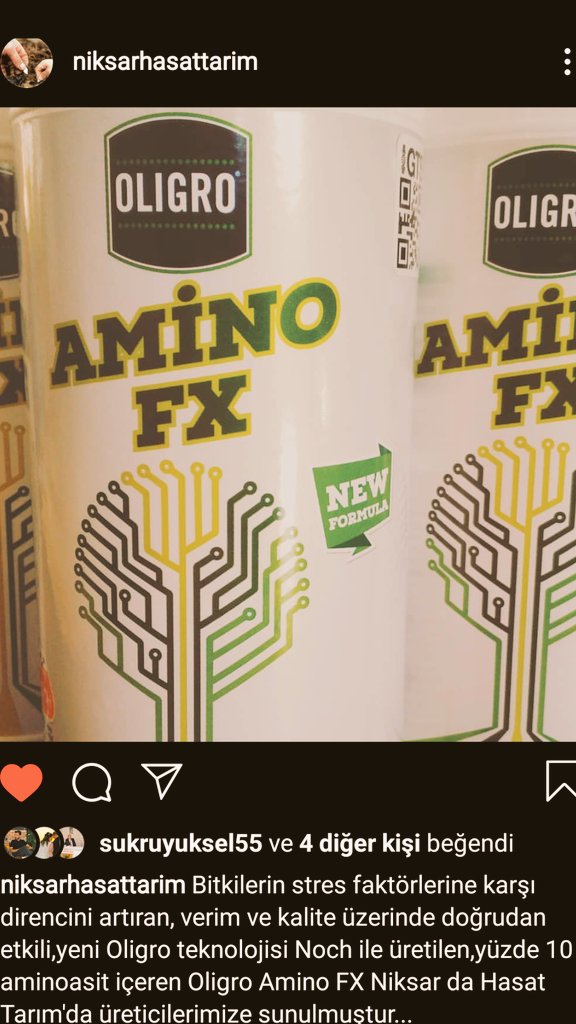 Bitkilerde verim ve kalite üzerinde doğrudan etkili yüzde 10 aminoasit içeren  Oligro Amino FX Niksar da Hasat Tarım'da üreticilerimize sunulmuştur...
#niksar #tarım #gübre #aminosit