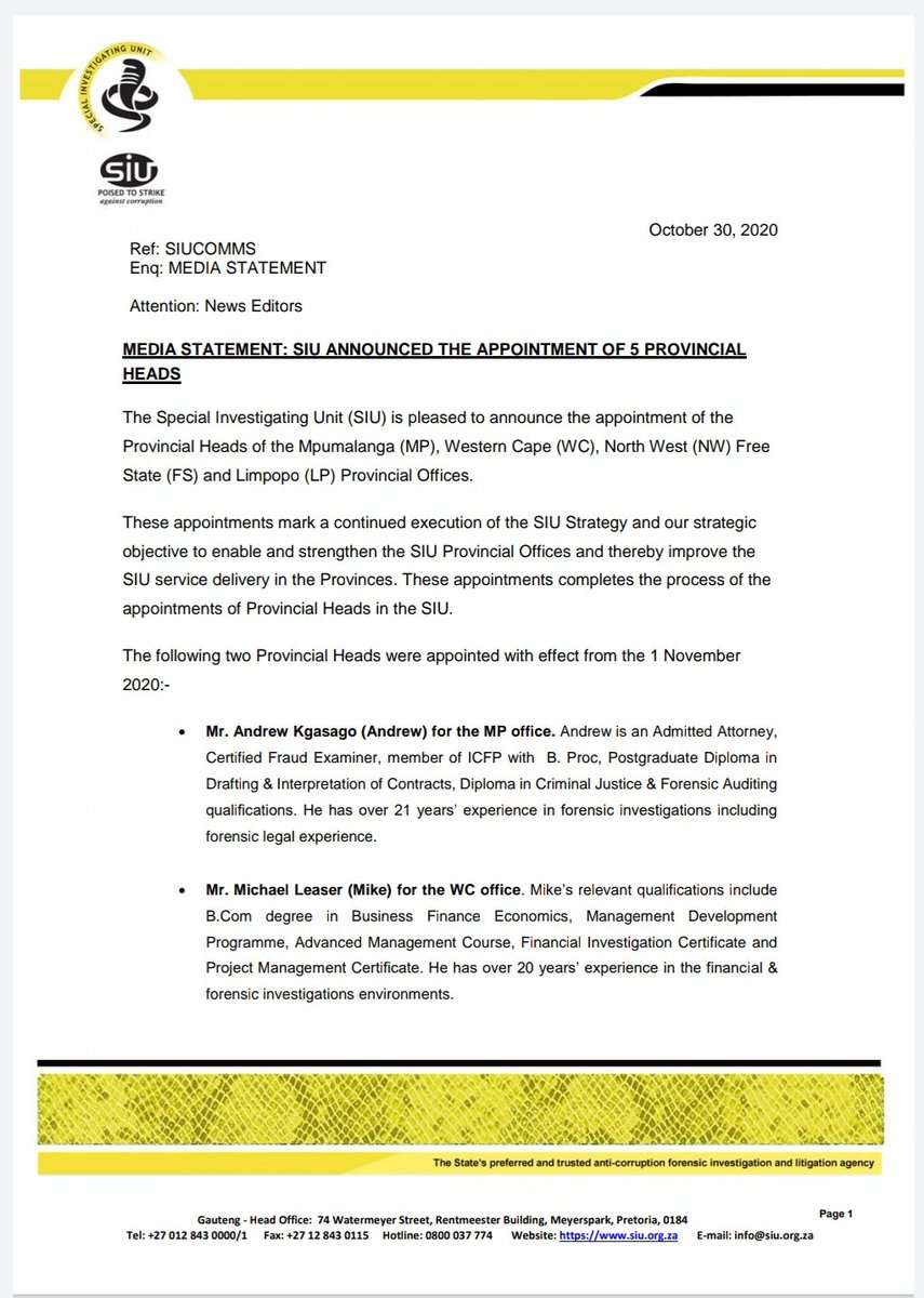 RSASIU's tweet photo. SIU ANNOUNCED THE APPOINTMENT OF 5 PROVINCIAL HEADS
#Cobras
#SIUProgress
#FightingCorruptionTogether https://t.co/6ik0UFCp05