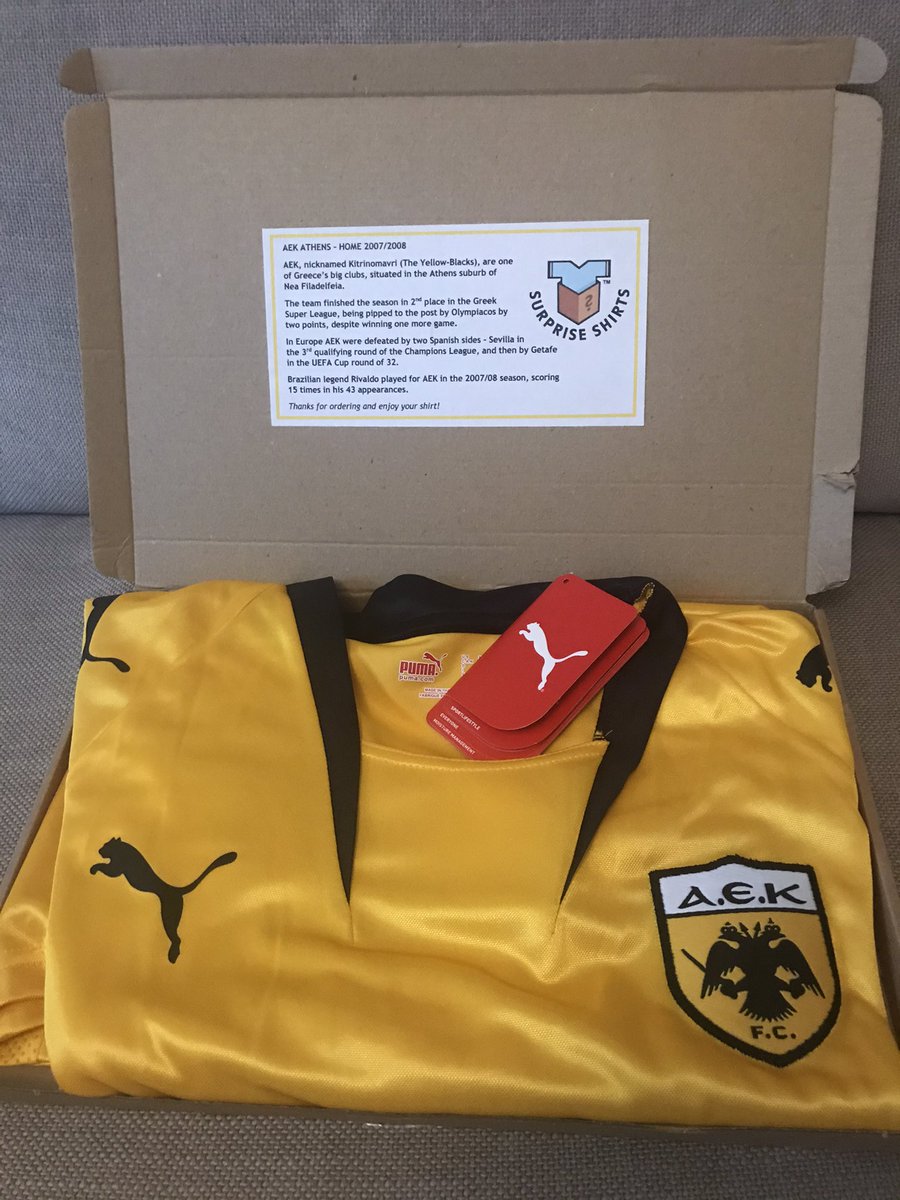 Received this little little beauty from <a href="/SurpriseShirts/">Surprise Shirts</a> today - well packaged prompt delivery and nice info on <a href="/AEK_FC_OFFICIAL/">AEK F.C.</a> - fully recommend any #football fan tries this great new company for #Christmas or #bitthday presents - and nice touch with #pusb on the packaging!