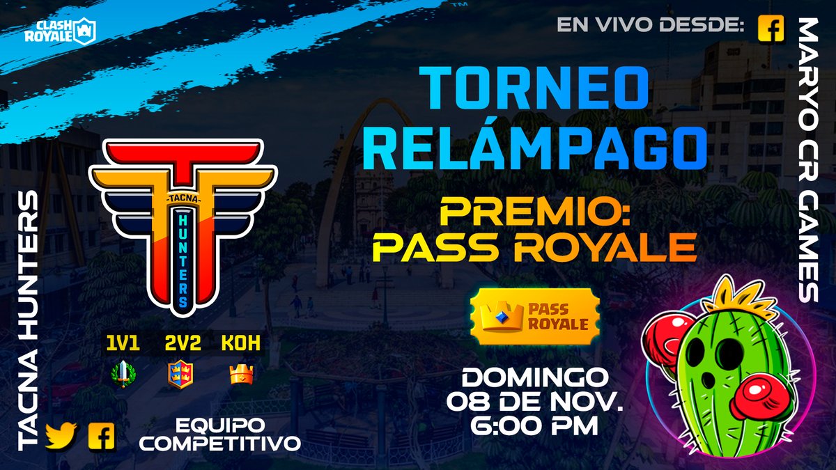 #TorneoRelámpago

Hola Amigos, los invitamos a participar de un torneito individual con premio #PassRoyale.

Requisitos:
Seguir a:
🔶<a href="/TacnaHunters/">Tacna Hunters</a>
Dar Like a:
🔶facebook.com/TacnaHunters
🔶facebook.com/MaryoCORI
🔶Fav y RT

Enviar pruebas, nick y tag al MD.
¡Nos vemos en la Arena!