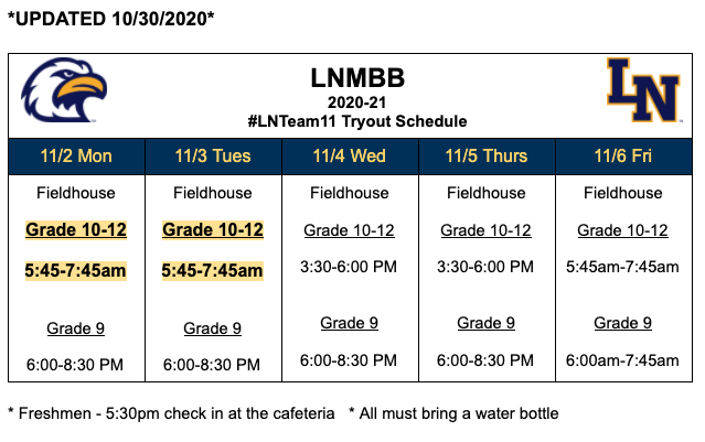 IMPORTANT SCHEDULE UPDATE: 

10-12th grade will go at 5:45AM, in the Fieldhouse on Monday/Tuesday next week. 

Freshmen are still 6:00PM.