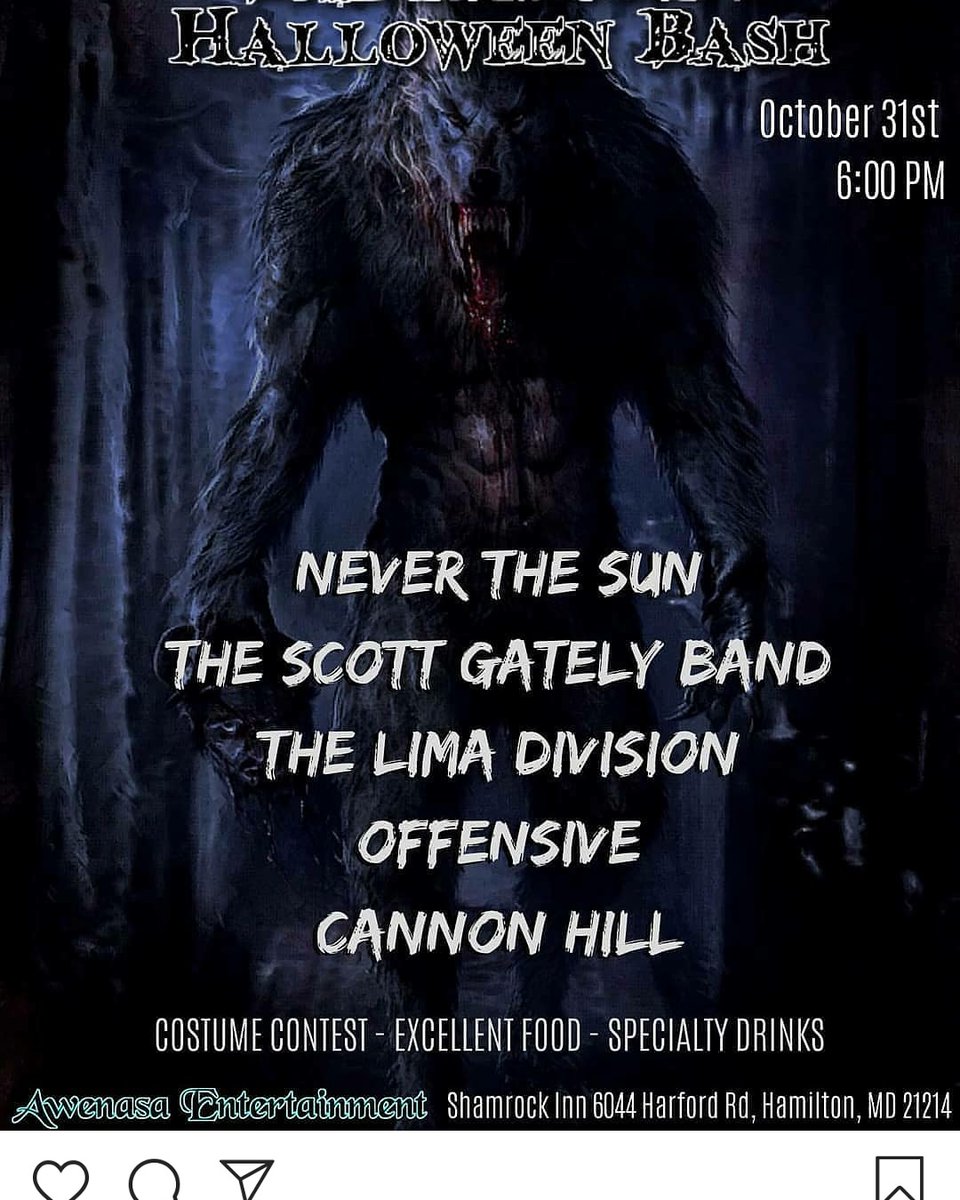 NeverTheSun1's tweet photo. TOMORROW NIGHT, Halloween Night come out and rock out with us. Free show plus a costume contest, food and drinks🤘👊🤘👊 See you there🤘🤘 #halloweennight #hamiltonmaryland #neverthesun #shamrockinn #costumecontest #alternativemusic #metalmusic #kickassmusic #BaltimoreMaryland https://t.co/6oM7Qdgi6A
