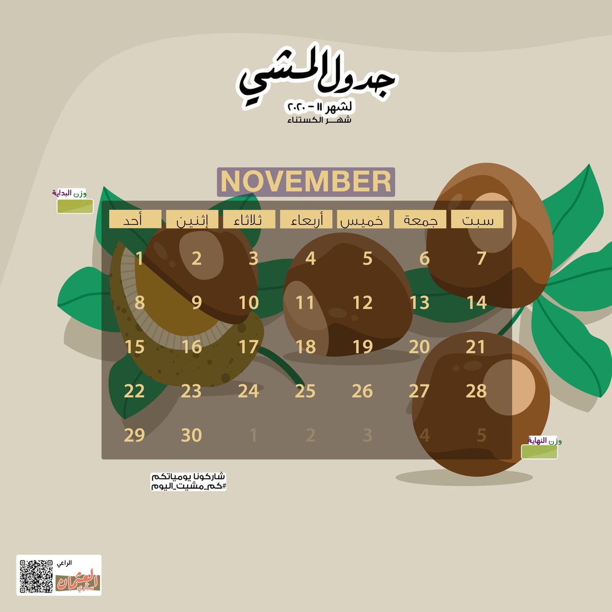 How_walked's tweet photo. شهر جديد 😍
وجدول جديد 👌

برعاية فاكهة أبو فروة 🌰 
وبشكل شتوي دافئ 🤎

امش اللي تقدر عليه وسجل إنجازك معنا في #كم_مشيت_اليوم 

وفالك الصحة والعافية 💚🤍

#ريتويت يمكن تتغير حياة شخص بـ جدول 📅 https://t.co/Hc9UUk8vgO