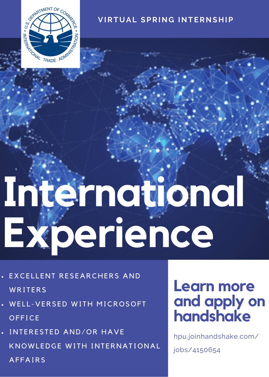 HPUcdc's tweet photo. Check out this VIRTUAL Spring 2021 internship opportunity for the U.S Department of Commerce (International Trade Administration) &amp; gain international experience in the economy! This is great for IR, Business, and PADM majors.
Learn more and apply through: https://t.co/7g5TV4G3TA https://t.co/wmUNSl4fW6