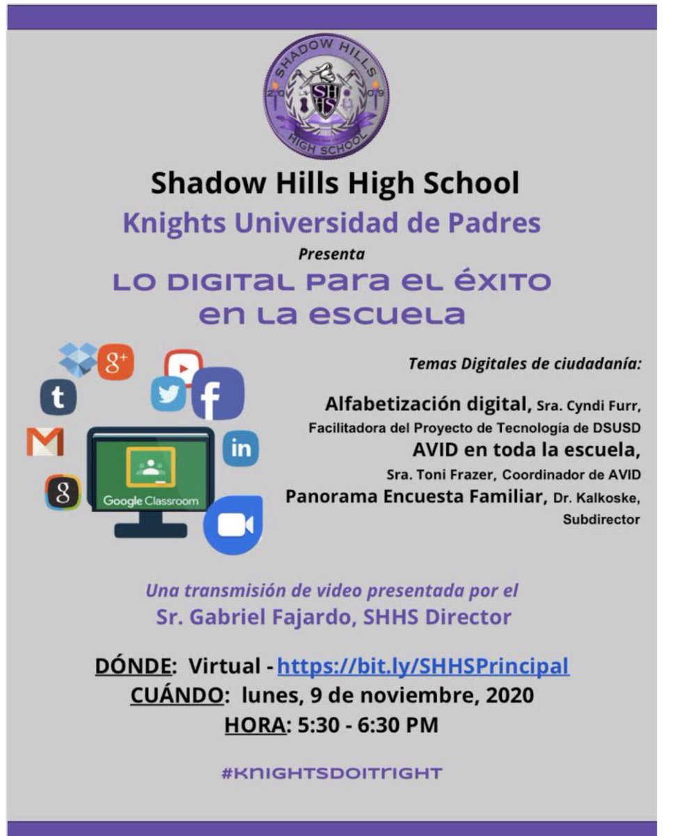 kalkoskeSHHS_AP's tweet photo. Not to rush November, but... Note this on your calendar, SHHS Families! Knights Parent University presents: Digital Do’s for Success @ School! Monday, Nov. 9 from 5:30-6:30PM #knightsdoitright #ThinkBelieveACTchieve @shhs_principal @shhsWells @karenRabadan @SHHSASB @shhspto https://t.co/oIotSZicP9