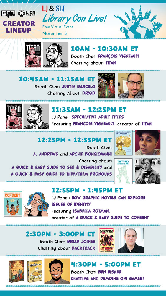 OniPress's tweet image. NEXT WEEK! Join these amazing creators at @sljournal and @LibraryJournal 's FREE #LibraryConLive virtual event! We can't wait to see you on Nov. 5! If you haven't registered yet, you can do so here: vshow.on24.com/vshow/LibraryC…