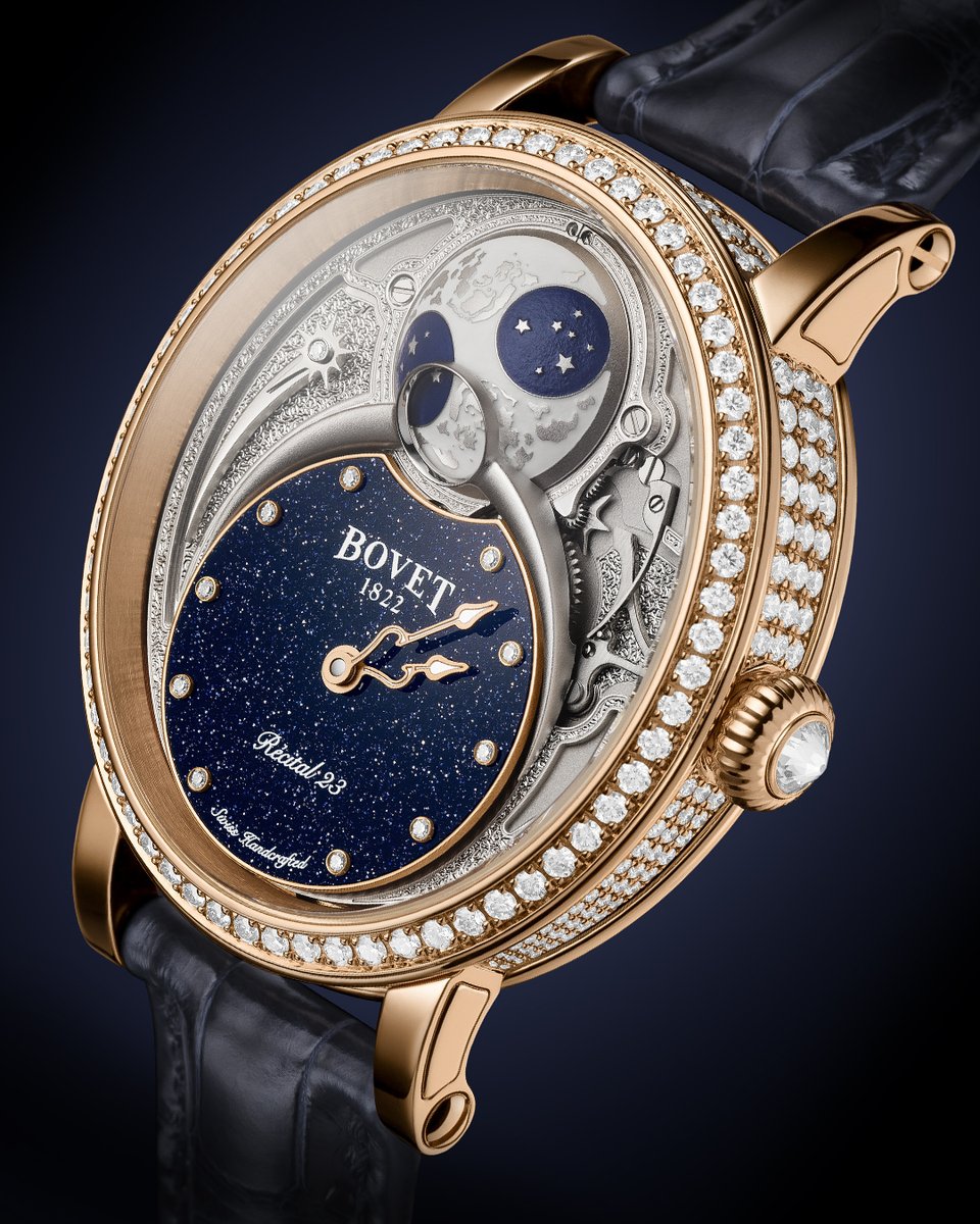 Bovet_1822's tweet photo. The Récital 23 is the first BOVET women’s timepiece to be presented in the trademarked “writing slope” case. It features a diamond bezel, diamond dial markers, and diamonds that make the sloped case sparkle from every angle. https://t.co/NTvSEM8TSj